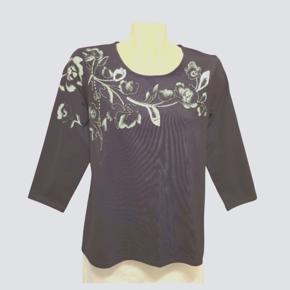 CHICOS Embelished Ponte 3 Quarter Sleeve Top Silver Bead Sequined Black Size 1
